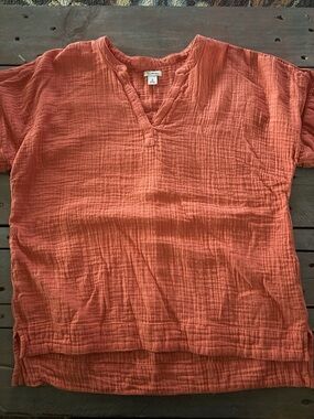 LL Bean Rust Orange Gauze Cotton Split-Neck Top